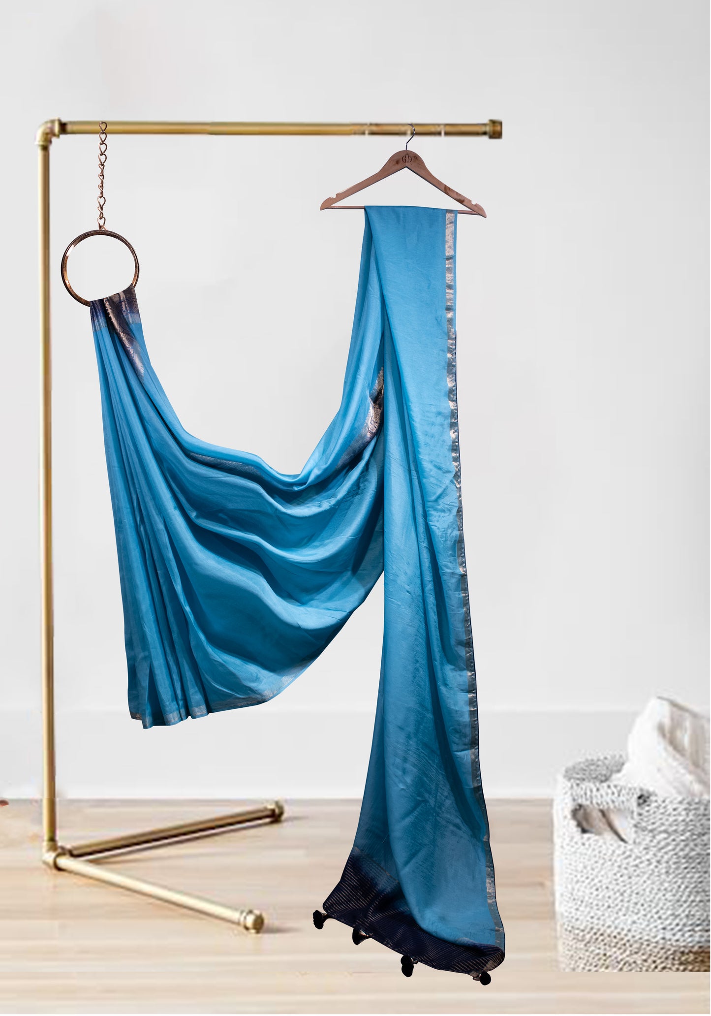 TORQUISE BLUE NAVY BANARASI BORDER SAREE WITH STICHED BLOUSE