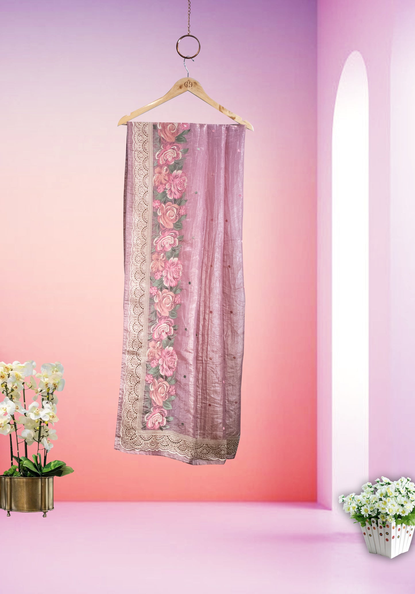 ROSE BLUSH PINK LACE BORDER THREAD EMB SAREE
