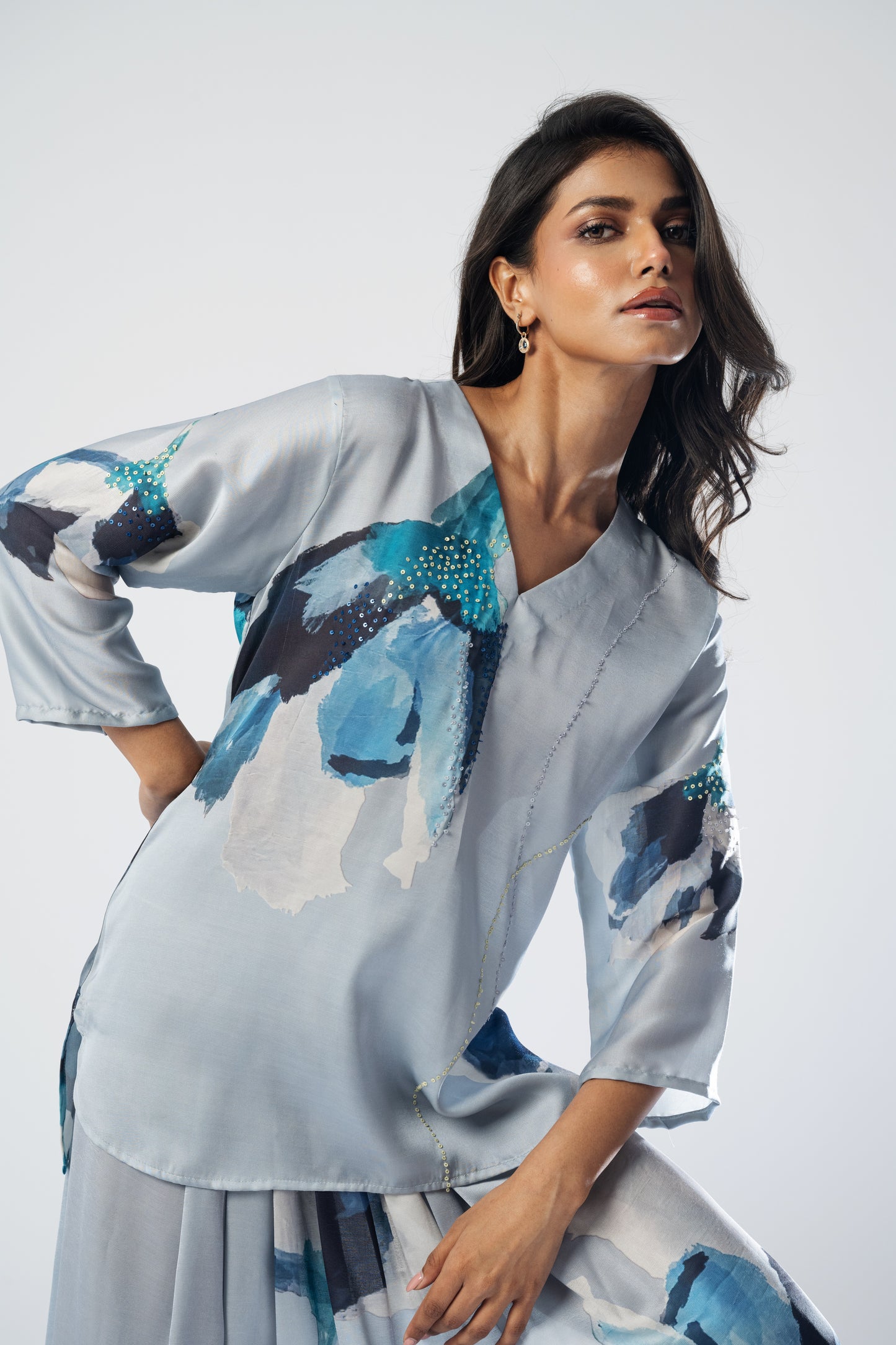 Stylish Floral Printed Top With Pleated Skirt