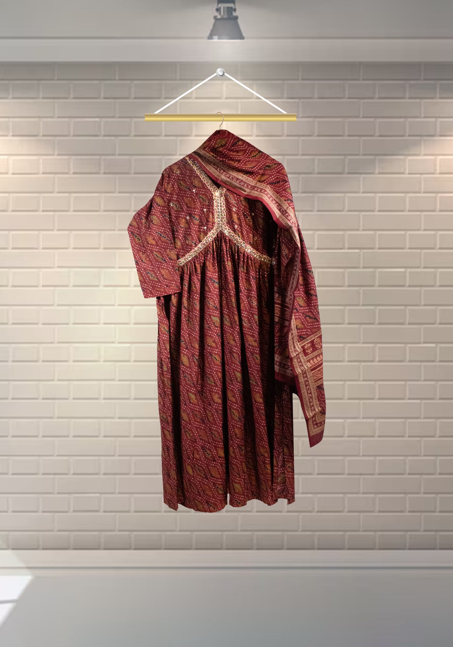 RUST MAROON BLOCK PRINT ANARKALI SUIT SET