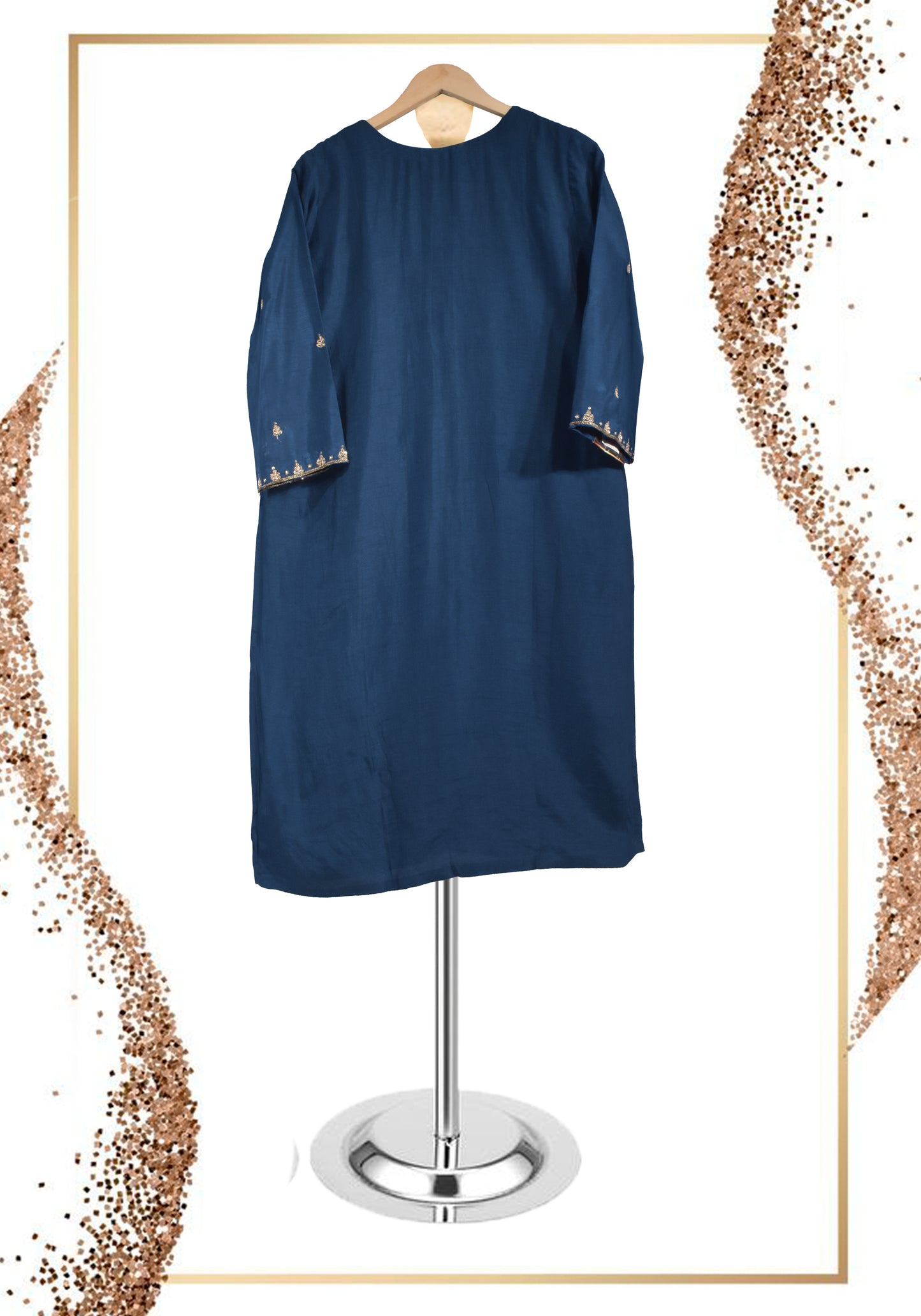 Navy Blue Emb V Neck Suit Set