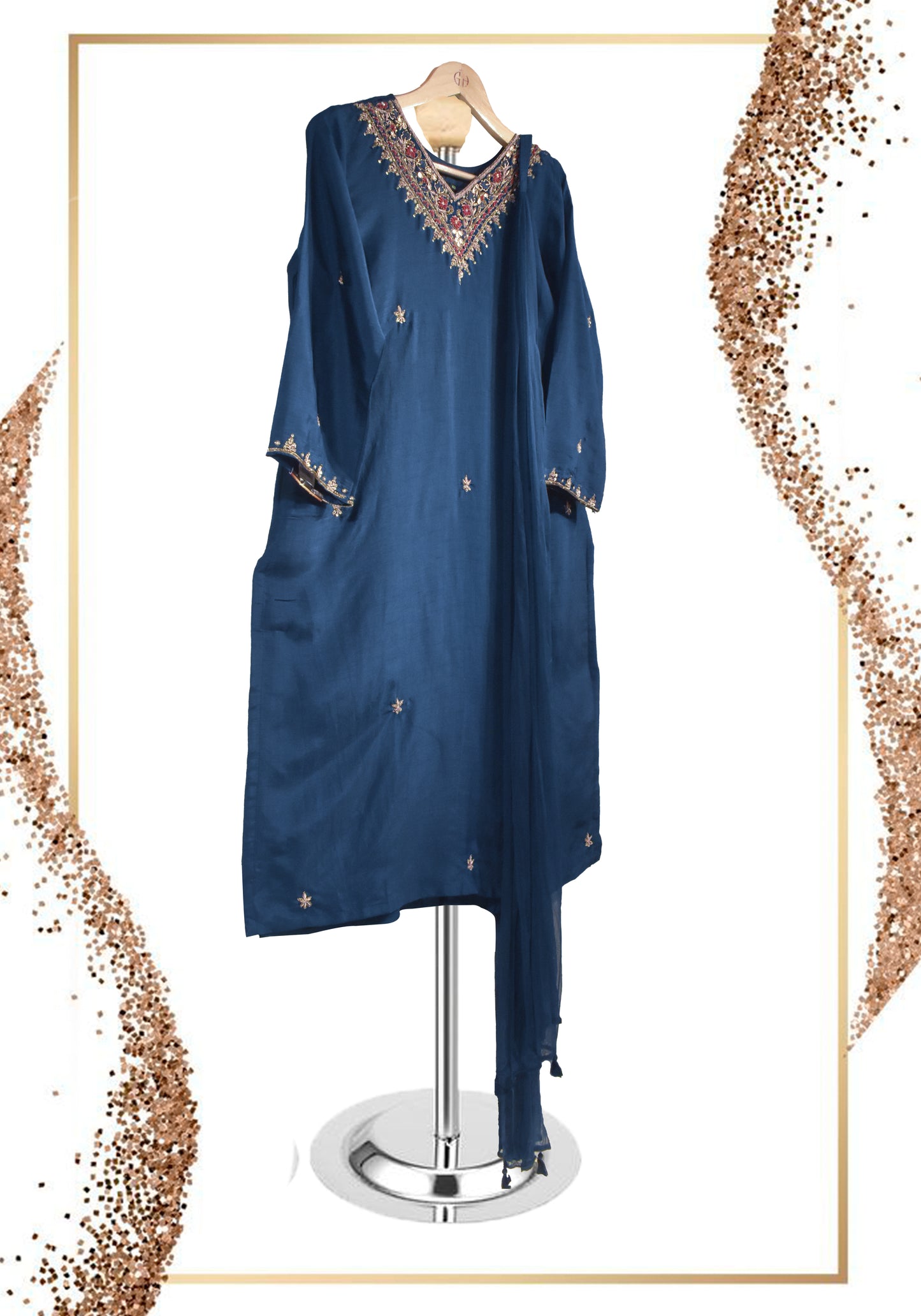 Navy Blue Emb V Neck Suit Set