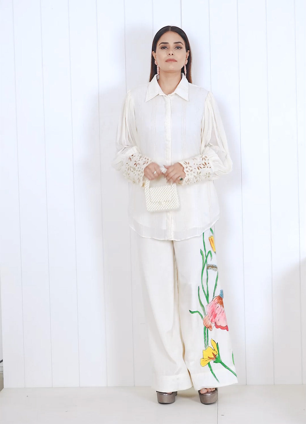 Embroidered Wide Leg Trouser Co-Ord Set With Belt