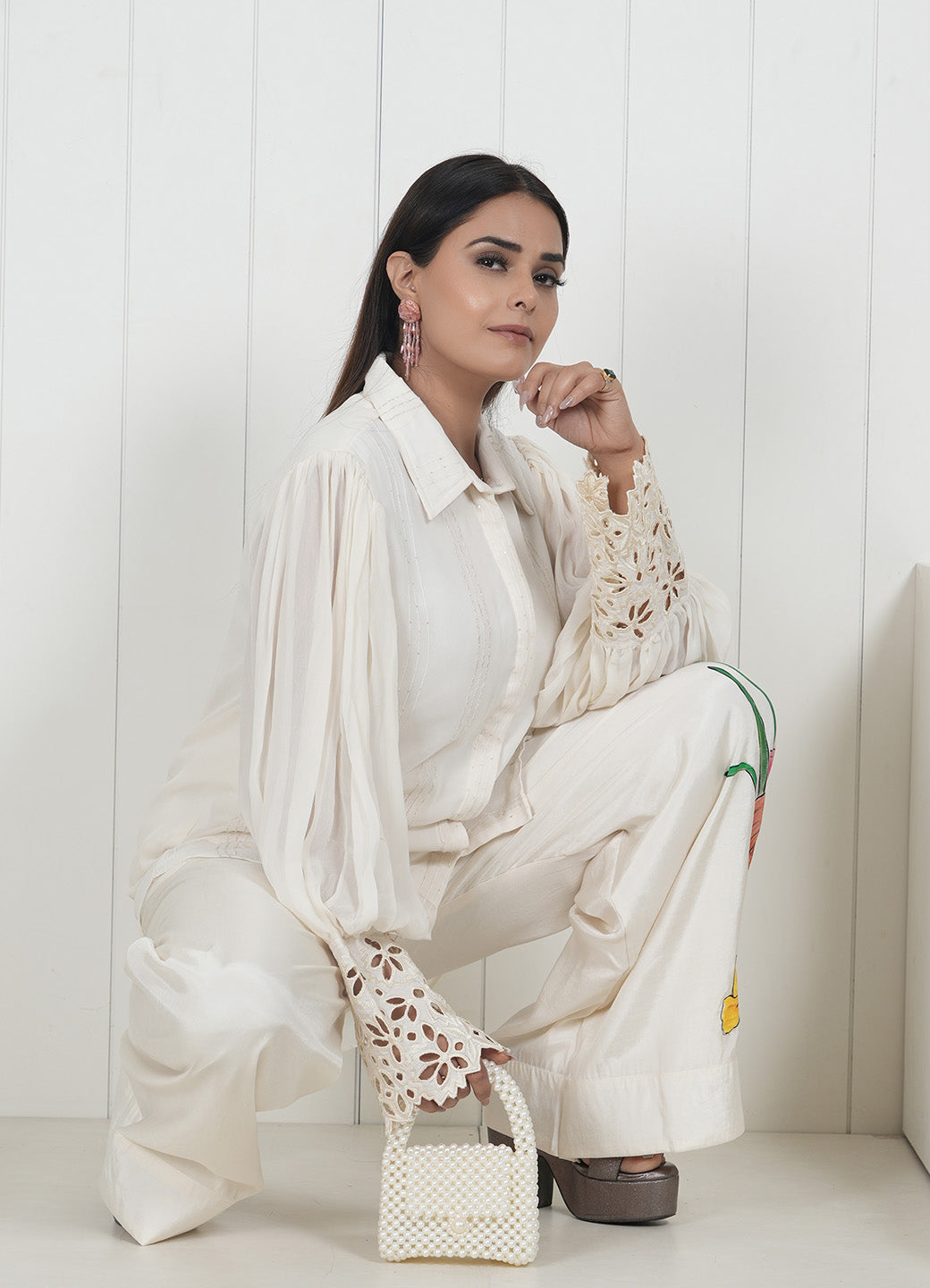 Embroidered Wide Leg Trouser Co-Ord Set With Belt