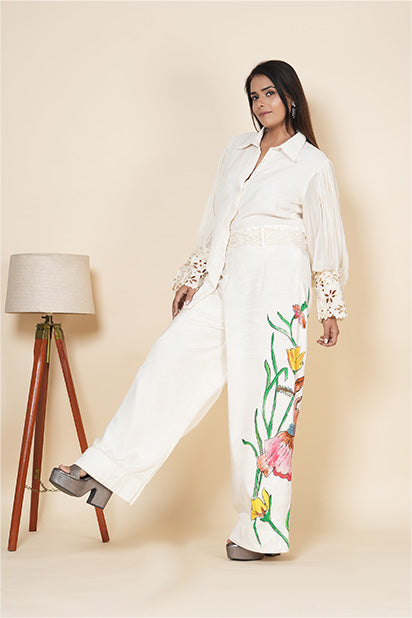 Embroidered Wide Leg Trouser Co-Ord Set With Belt