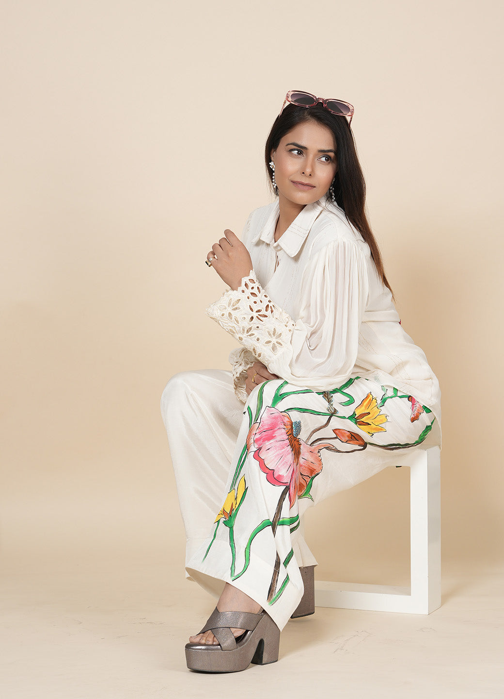 Embroidered Wide Leg Trouser Co-Ord Set With Belt