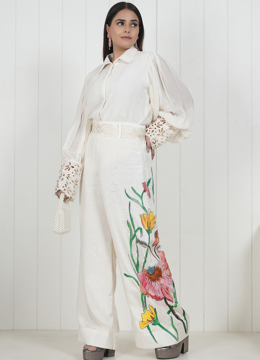 Embroidered Wide Leg Trouser Co-Ord Set With Belt