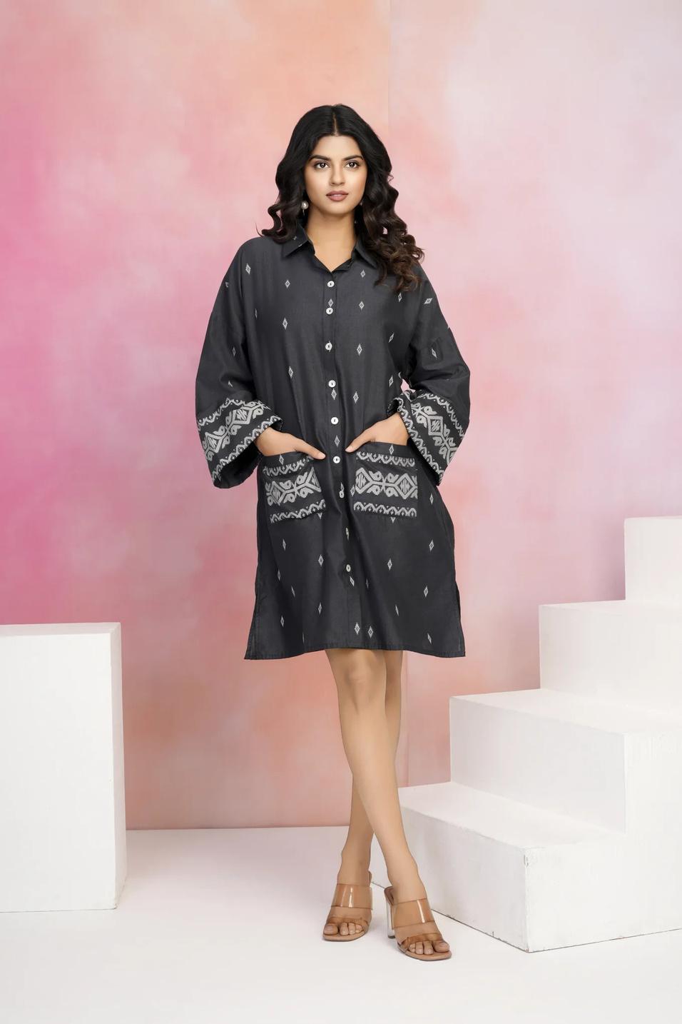 A-line Graphite Jaquard Shirt Dress