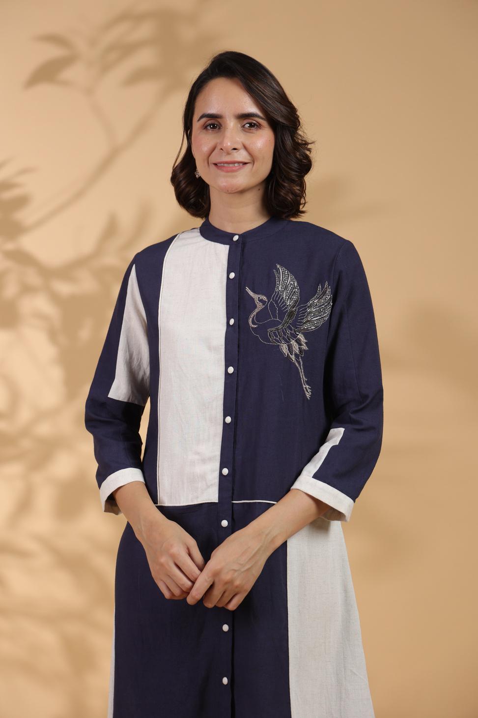 Navy white Color Block shirt Dress
