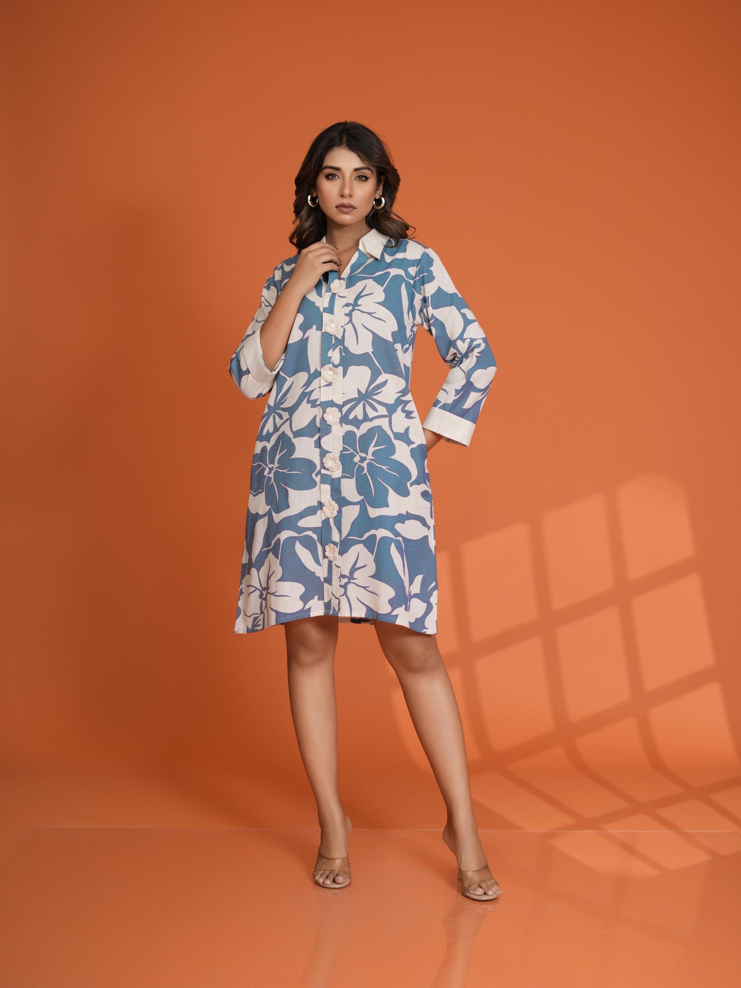Fresh Blue floral print knee length dress