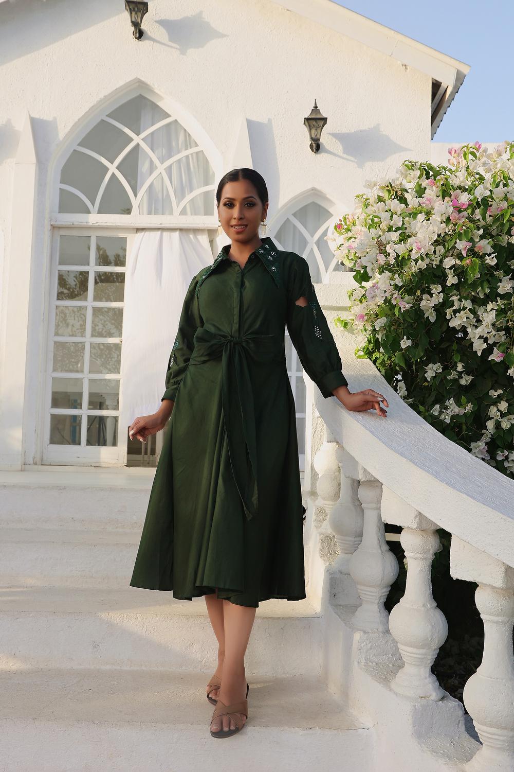 Bottle Green Collar Detailed Shirt Dress