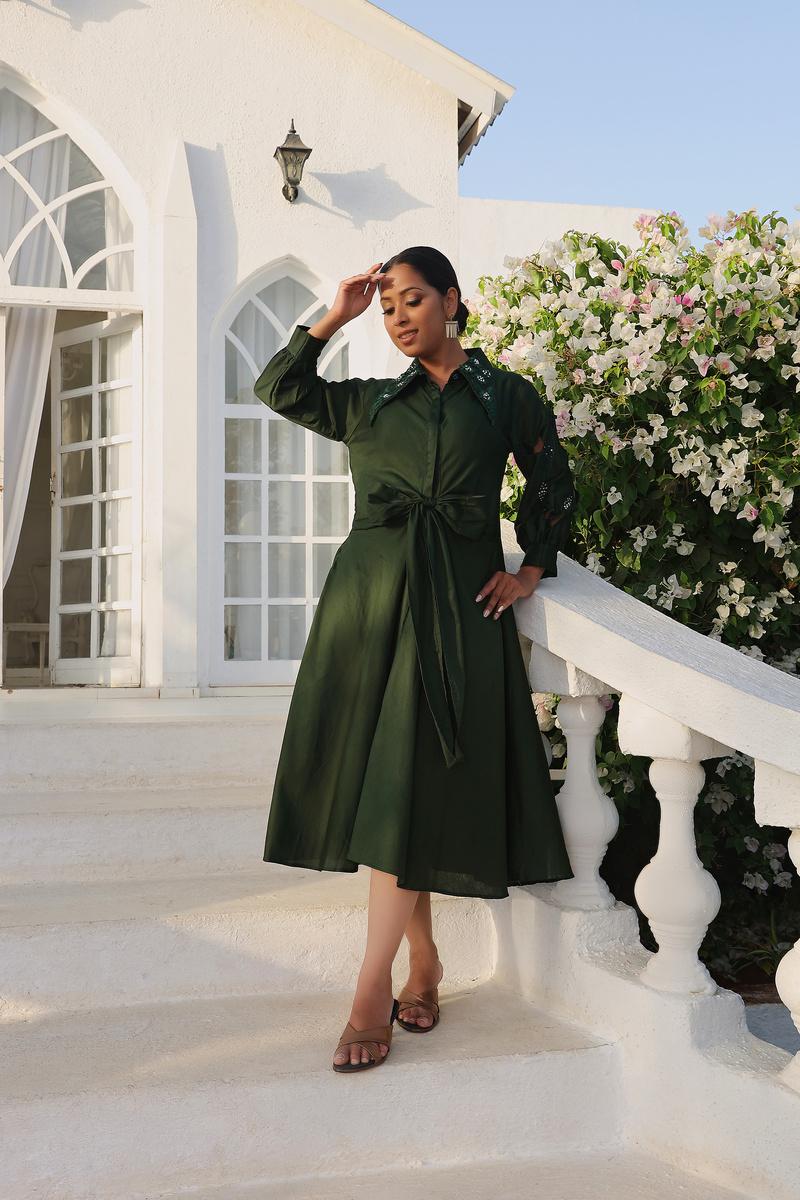 Bottle Green Collar Detailed Shirt Dress