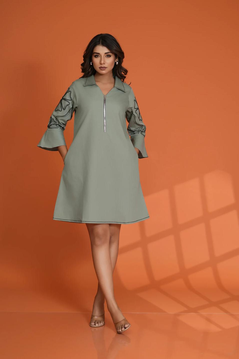 A-line Collar Shirt Dress in Olive Green