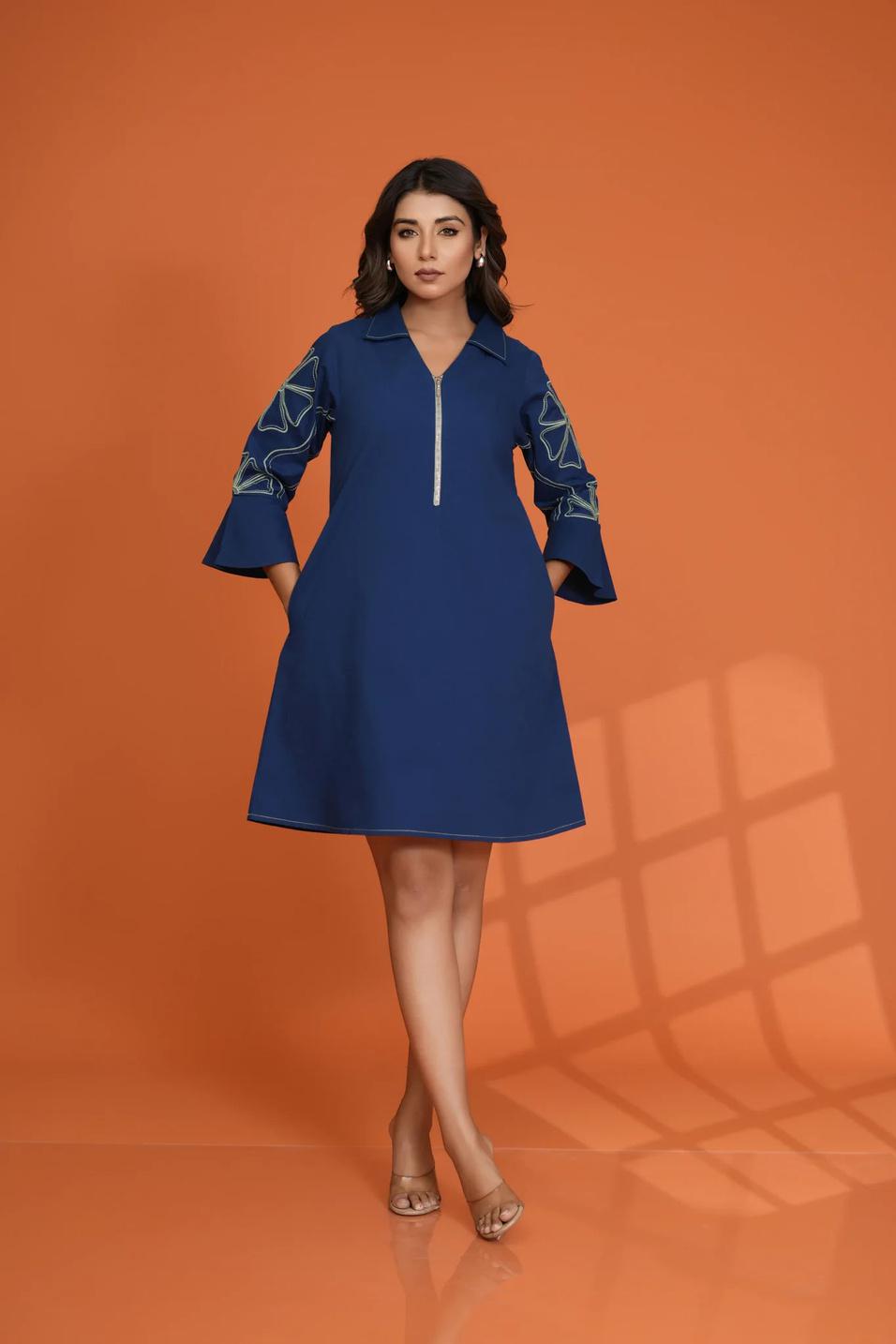 A-line Collar Shirt Dress in deep Blue