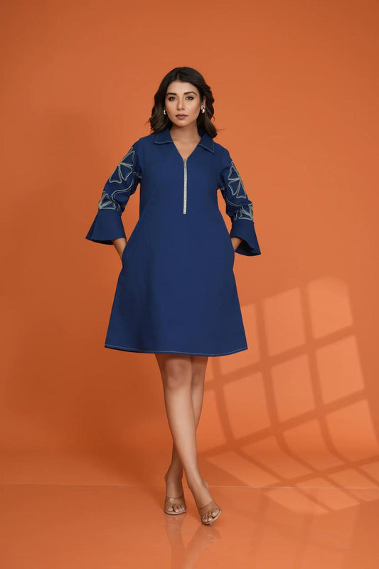A-line Collar Shirt Dress in deep Blue