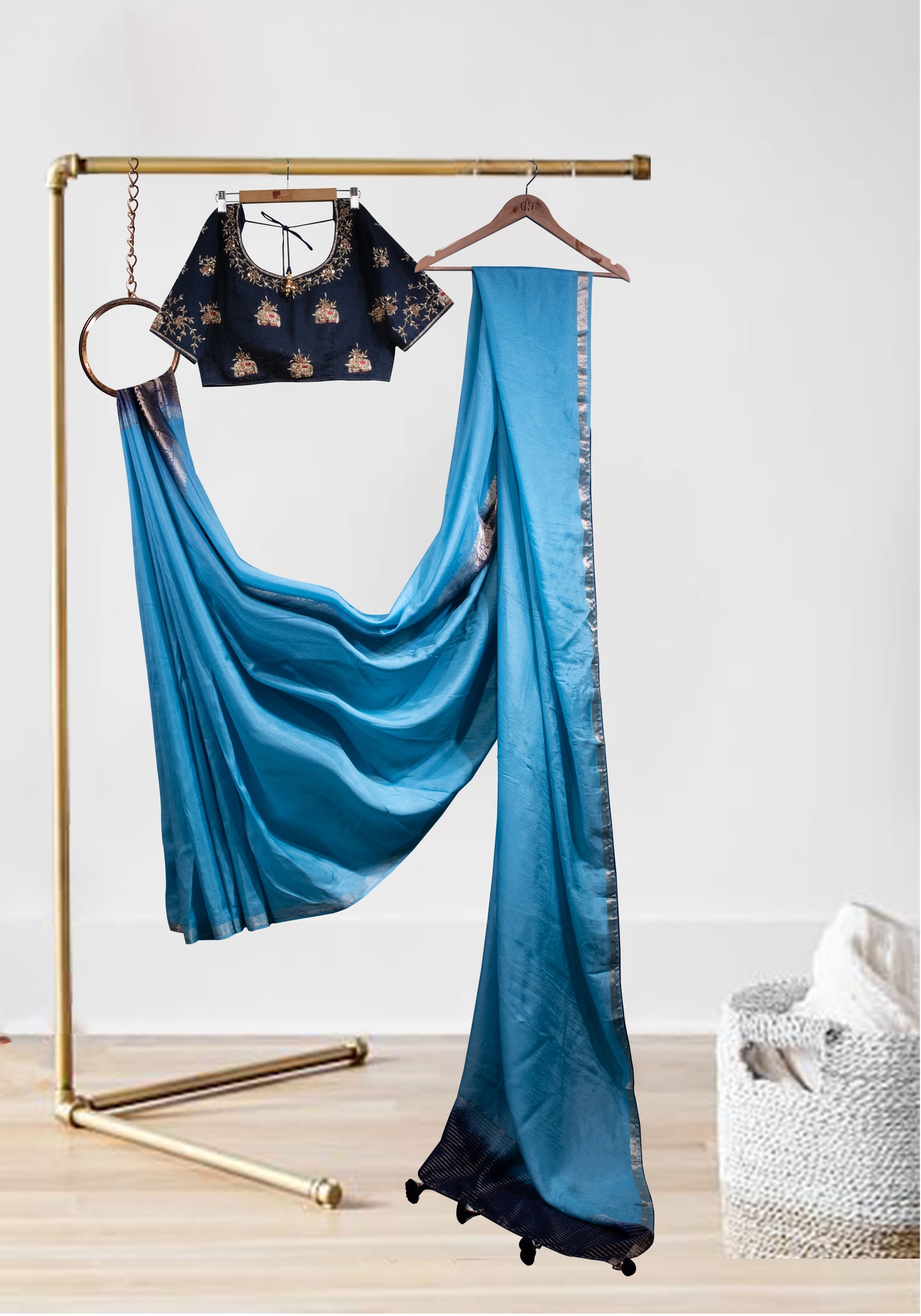 TORQUISE BLUE NAVY BANARASI BORDER SAREE WITH STICHED BLOUSE
