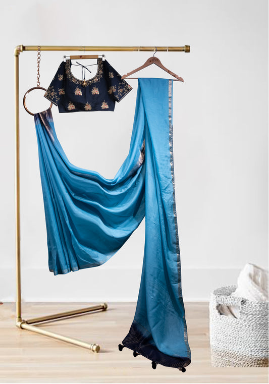 TORQUISE BLUE NAVY BANARASI BORDER SAREE WITH STICHED BLOUSE