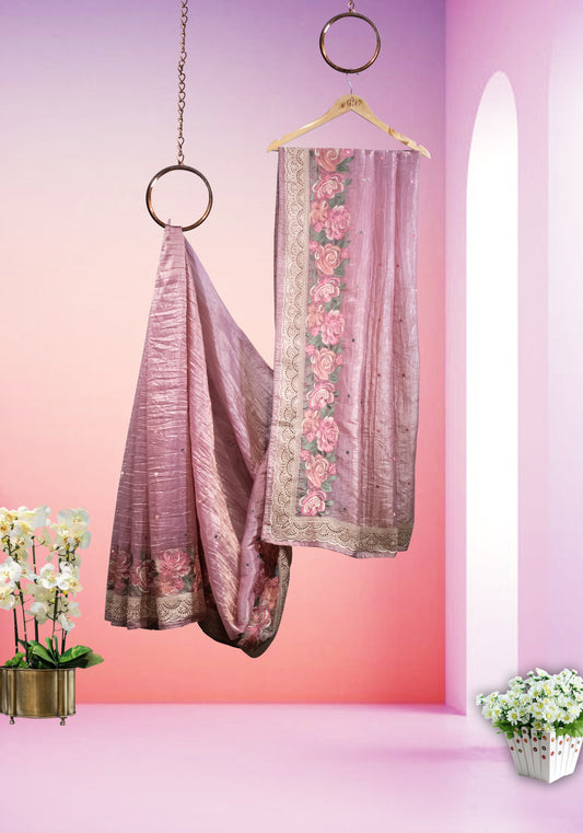 ROSE BLUSH PINK LACE BORDER THREAD EMB SAREE