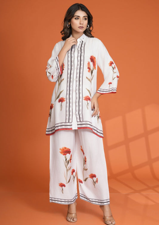 White muslin Co-ord Set with Red floral prints