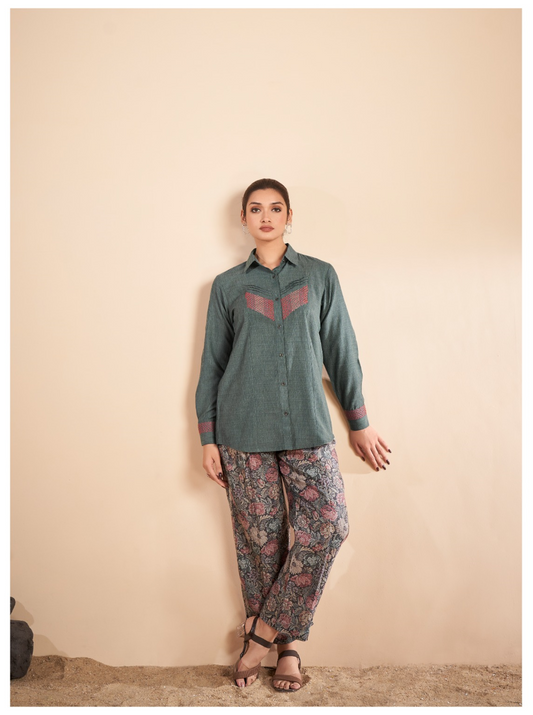 Bottle Green Shirt with Printed Pant Set
