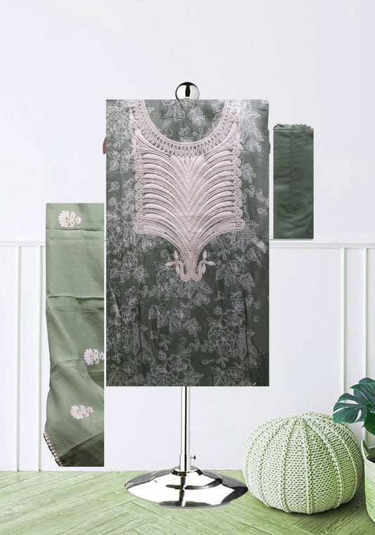 SAGE GREEN EMB YOKE PRINTED SUIT FABRIC SET