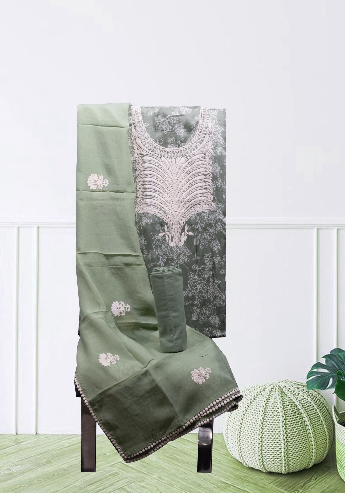 SAGE GREEN EMB YOKE PRINTED SUIT FABRIC SET