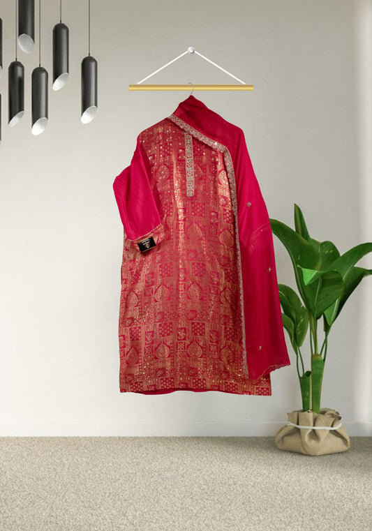 RADIANT RED WOVEN BANARASI SUIT SET