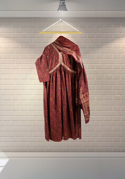 RUST MAROON BLOCK PRINT ANARKALI SUIT SET
