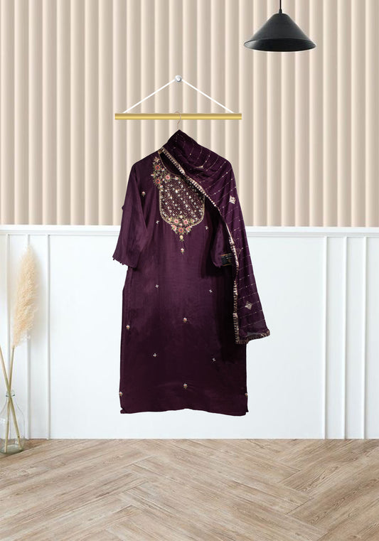 PURPLE WINE THREAD EMB YOKE SUIT SET