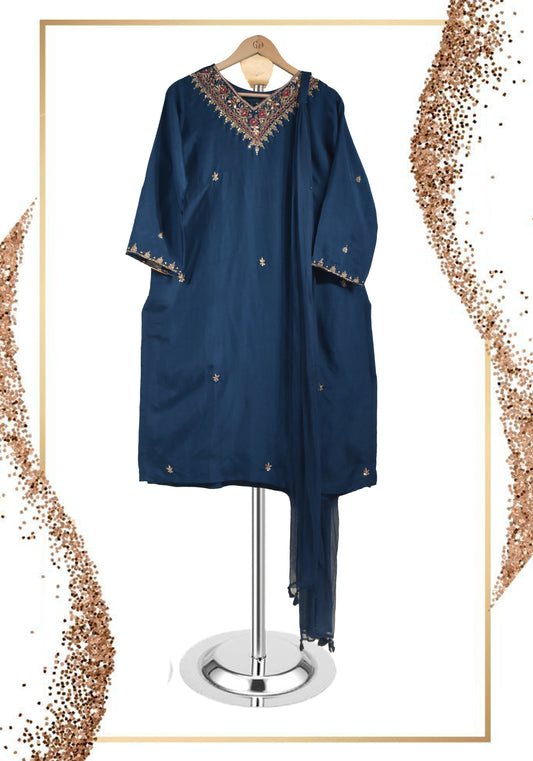 Navy Blue Emb V Neck Suit Set