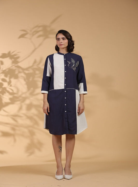 Navy white Color Block shirt Dress