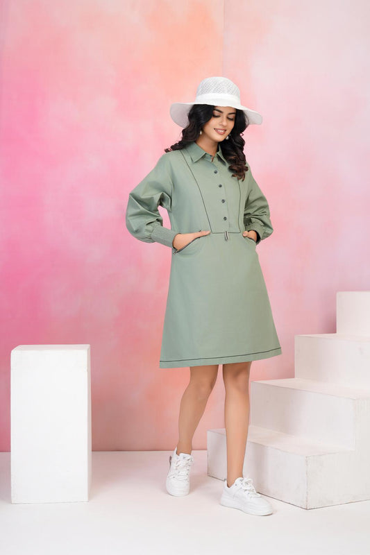 Dusty Olive Green A-line shirt dress