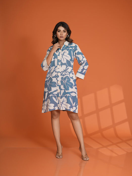 Fresh Blue floral print knee length dress